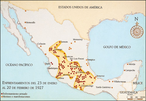 Heel Mexico in rep in roer: opstanden en gewapende confrontaties tussen het federale leger en de Cristeros, begin 1928.