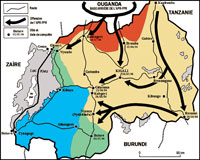 De verovering van Rwanda door het Tutsirebellenleger van Kagame ( 7 april tot 18 juli 1994 ). Rood : de zone die de rebellen al controleerden vóór 7 april. Groen : de laatste gebieden in handen van het regeringsleger, eind juni. Blauw : humanitaire zone gecontroleerd door het Franse leger. 