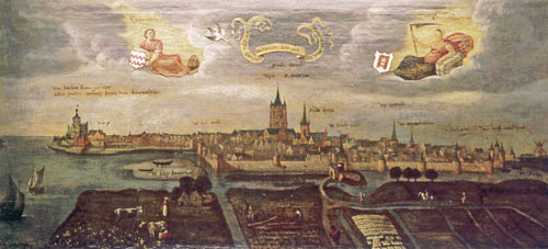 Stadsgezicht van Gorcum in de zestiende eeuw (Anoniem, 1568).