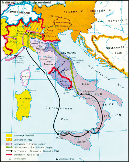 Kaart van het Italiaanse schiereiland in 1860-1870