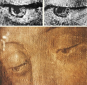 De buitengewone “levendigheid” van deze blik wordt verklaard door de weerkaatsingen in de ogen: in die ogen is een menselijke figuur te zien (hier omlijnd), zowel in het rechteroog (vergroting boven links) als in het linkeroog (vergroting boven rechts), op wie de Maagd haar blik laat rusten (clichés Salinas).