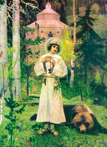 Bij de kapel en zijn cel midden in het woud sluit Sergius vriendschap met een beer. 