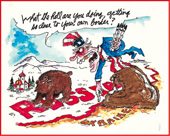 De Russische beer wordt er door een tot de tanden bewapende Uncle Sam van beschuldigd te dicht bij zijn eigen grens te komen... terwijl de VS zich zonder schroom installeren in een buurland van Rusland !