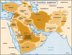 Landkaart 2: de “bloedige grenzen” van Ralph Peters, met een «vrij Koerdistan» als Amerikaanse pion en bondgenoot van Israël tegen het sjiitisch gevaar.