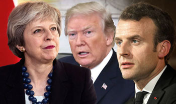 Donald Trump, Theresa May en Emmanuel Macron: het driemanschap dat tegen alle regels van het “internationaal recht” in besliste om op 14 april Syrië te bombarderen.