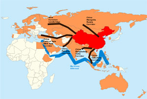 De nieuwe zijderoutes, officieel het Belt and Road Initiative, gelanceerd door Xi in 2013. China breidt zijn invloed over het Euraziatisch continent uit door de aanleg van “corridors” die de handel en de samenwerking moeten stimuleren.