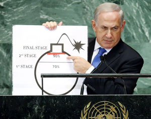 Op de algemene vergadering van de VN in september 2012 gebruikte de Israëlische premier Netanyahu een tekening om het gevaar van Iran te illustreren.