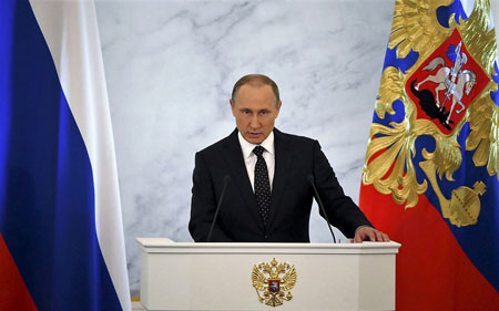 Poetin tijdens een toespraak in het Kremlin.