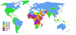 De geboortecijfers in de verschillende landen van de wereld (2006). De bevolkingsexplosie in Afrika is enorm: in 1930 telde het continent 150 miljoen inwoners, vandaag zijn dat er 1,3 miljard van wie 40% minder dan 15 jaar oud is.