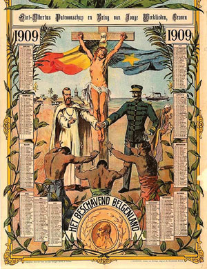Een affiche uit de overgangsperiode van de Onafhankelijke Congostaat naar de Belgische kolonie Congo. Door de samenwerking tussen missionarissen en vertegenwoordigers van de regering zouden de van de slavenhandelaars bevrijde zwarten het christendom en de beschaving kunnen omarmen. 