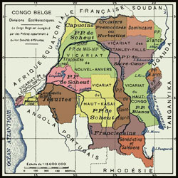 Verdeling van het grondgebied van Belgisch-Congo over de verschillende missiecongregaties. 