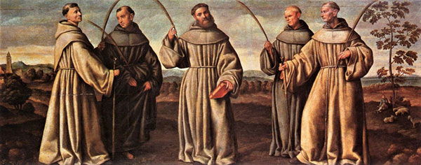 De vijf eerste martelaren van de pas opgerichte franciscaanse orde, met in het midden broeder Berardo (Venetië, Frarikerk, 1524).