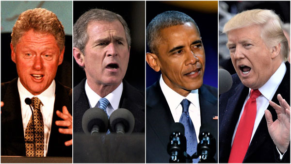 De vier Amerikaanse presidenten met wie Poetin tot dusver te maken had: Clinton, Bush, Obama en Trump.