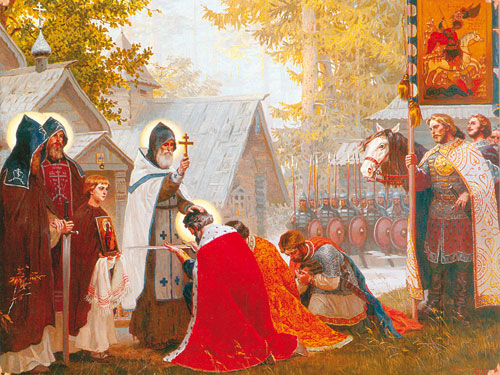 Sergius zegent de grootvorst van Moskou, Dimitri (de latere Dimitri Donskoj)
