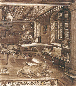 Luther in de Wartburg, schrijvend aan zijn Duitse Bijbelvertaling. 