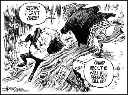 Boris Jeltsin sleurt het onvoorbereide Rusland de dieperik van de vrije markteconomie in. Cartoon van David Horsey uit 1992